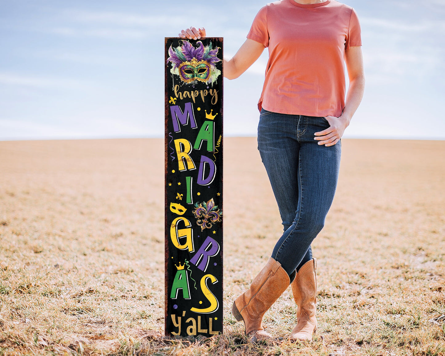 48-Inch 'Mardi Gras Y'all' Porch Sign, Rustic Modern Farmhouse Entryway Board, Front Porch Mardi Gras Welcome Sign