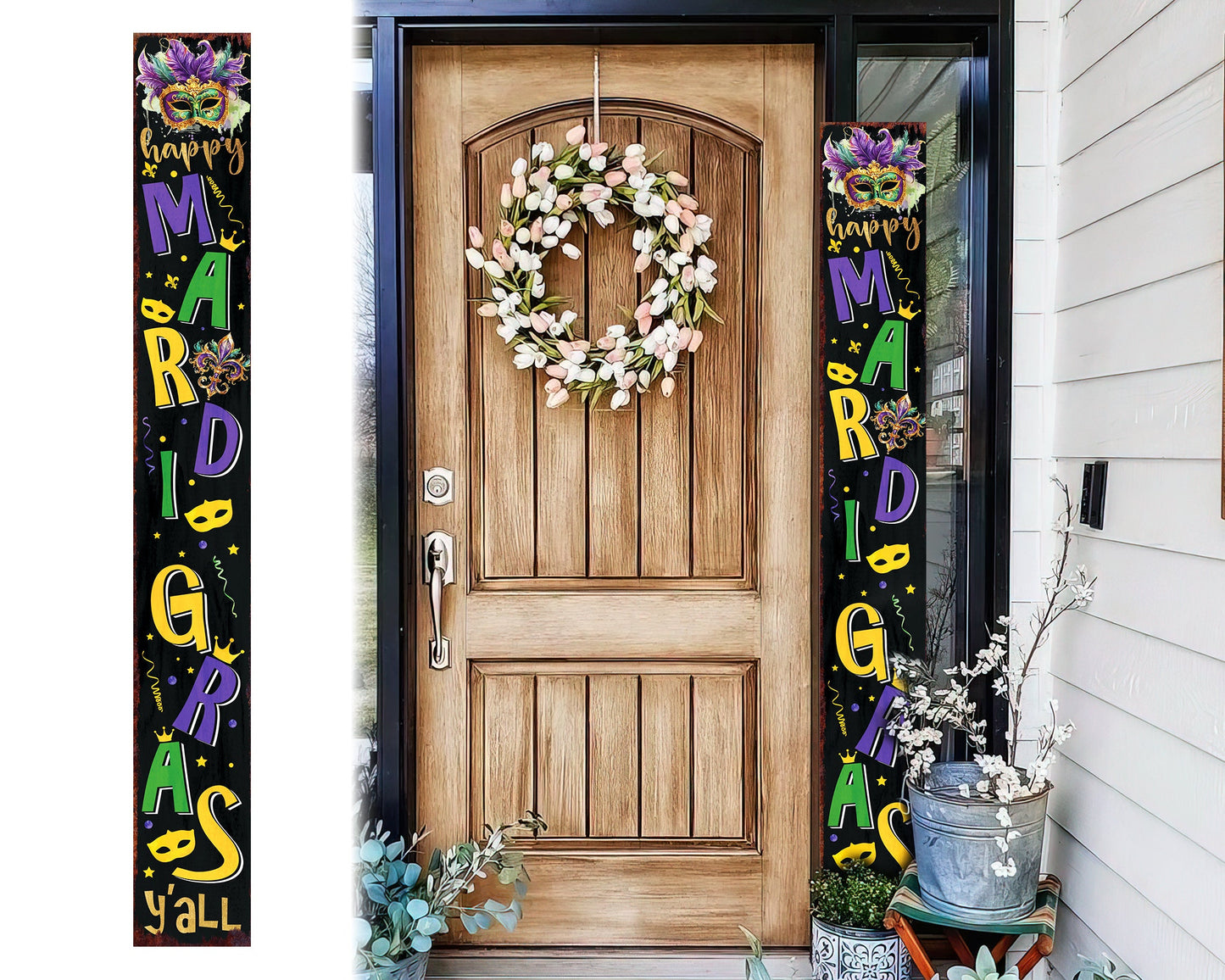 72-Inch 'Mardi Gras Y'all' Porch Sign, Rustic Modern Farmhouse Entryway Board, Front Porch Mardi Gras Welcome Sign