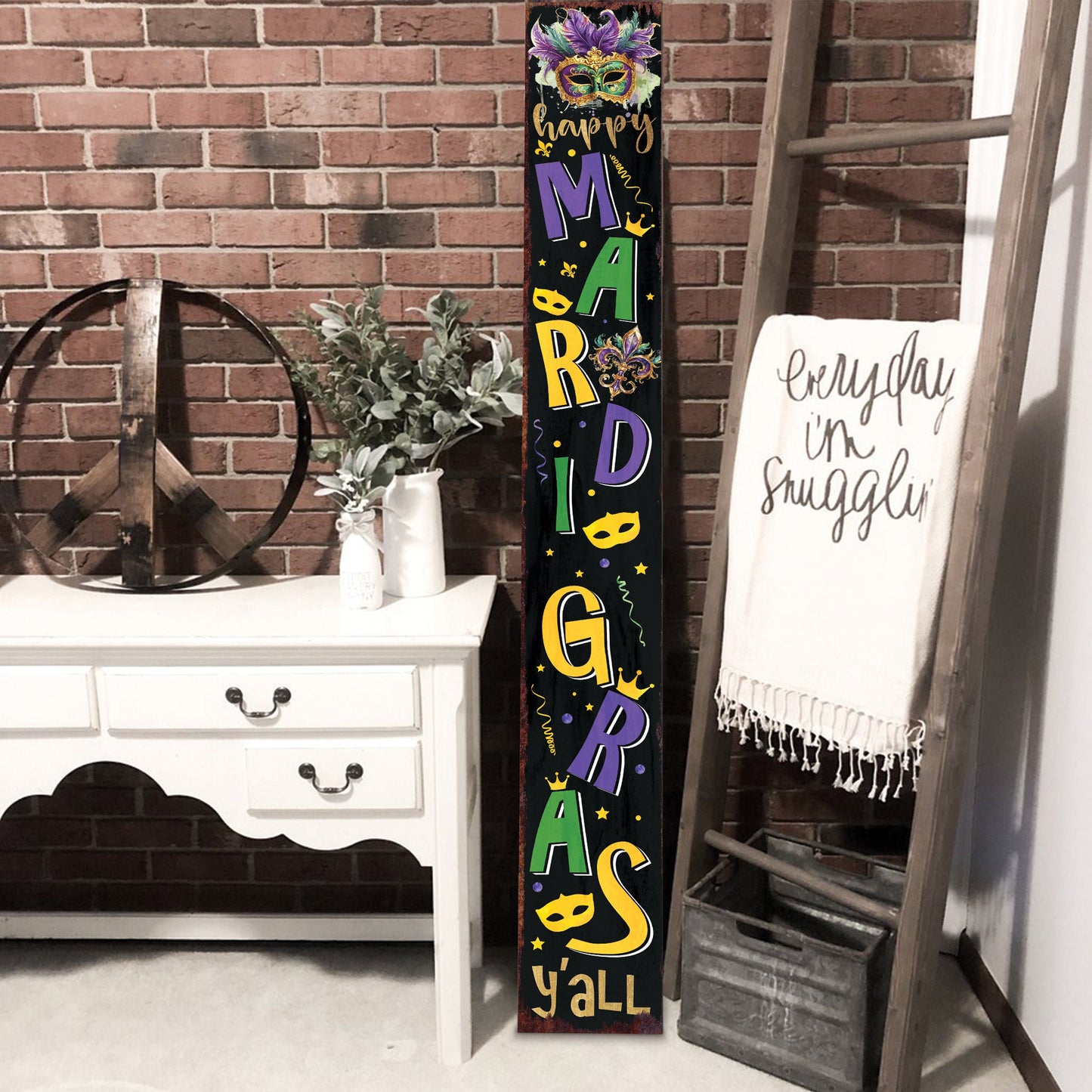 72-Inch 'Mardi Gras Y'all' Porch Sign, Rustic Modern Farmhouse Entryway Board, Front Porch Mardi Gras Welcome Sign