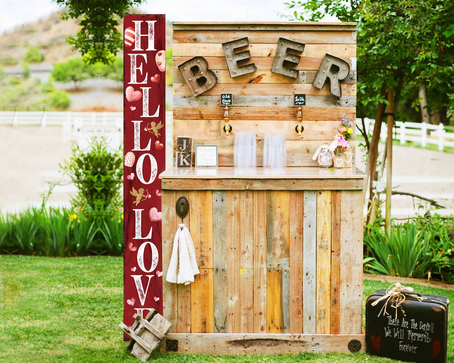 72-Inch 'Hello Love' Valentine's Day Porch Sign, Rustic Modern Farmhouse Entryway Board, Front Porch Valentine's Welcome Sign