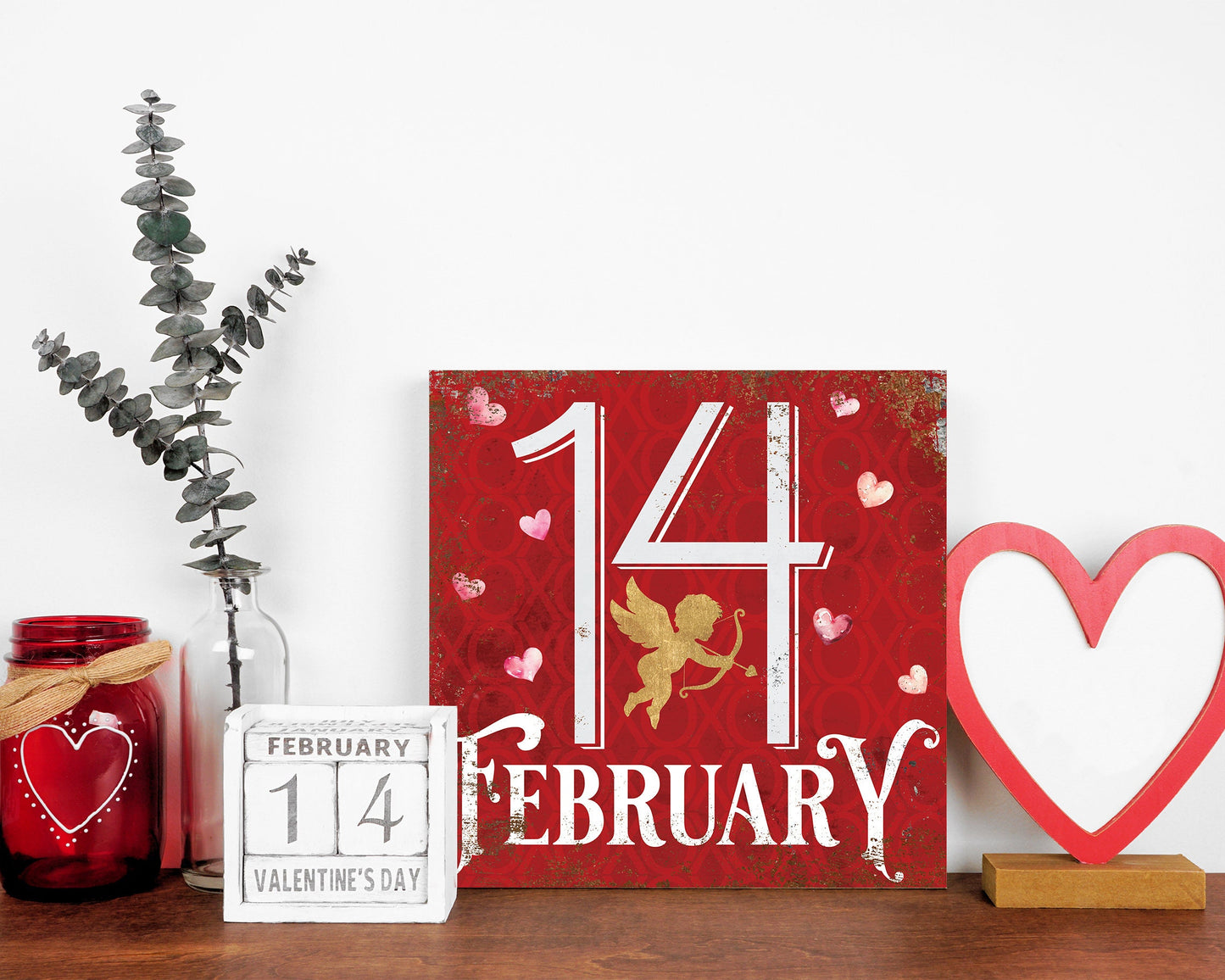 12-inch February 14 Valentine Sign, Vintage Valentine's Decor, Modern Farmhouse Mantel Entryway Decor, Valentine's Day Canvas Sign