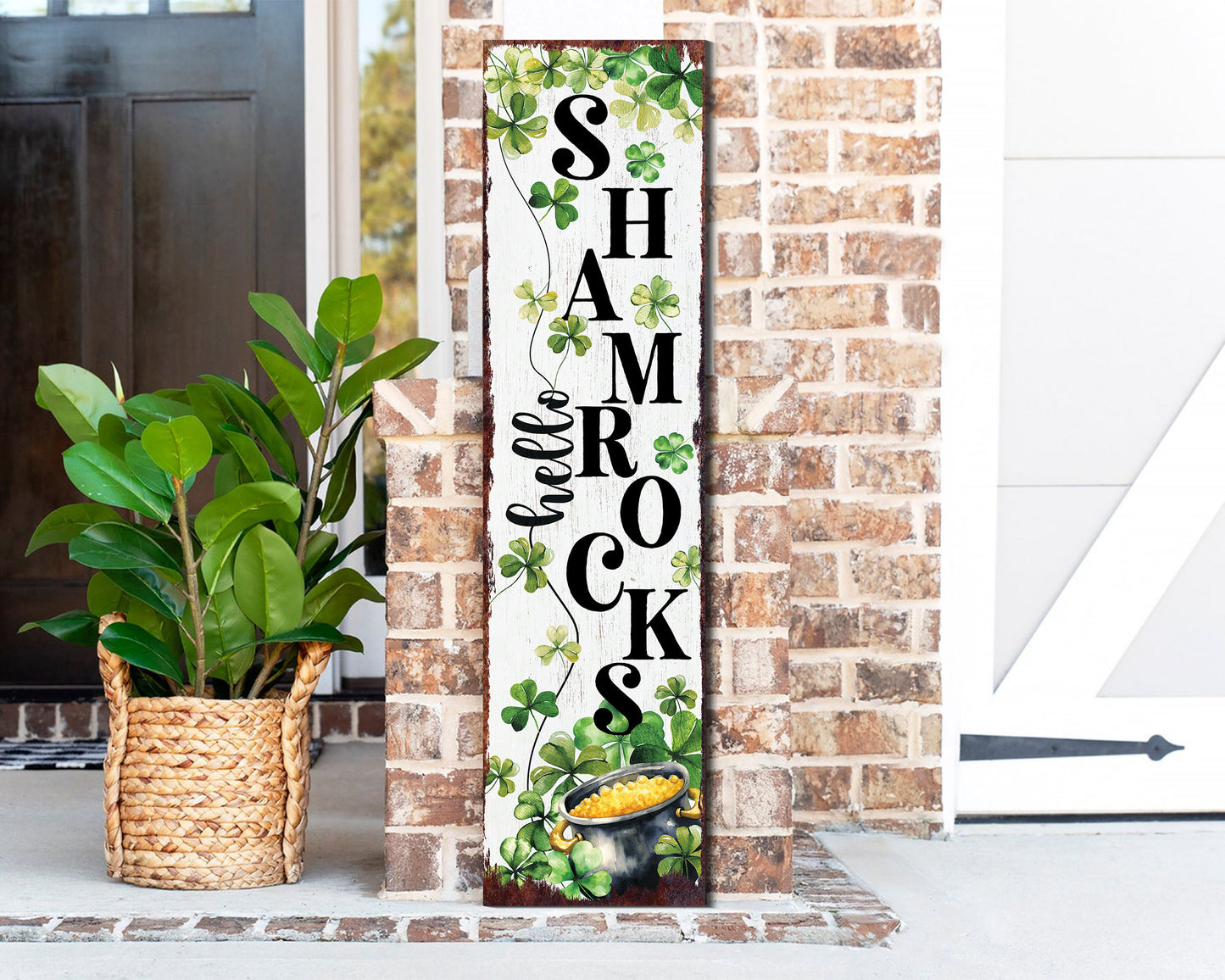 36-Inch Rustic Modern Farmhouse Entryway St. Patrick's Day "Hello Shamrocks" Sign for Front Porch, St.Patrick's Outdoor Decor for Front Door