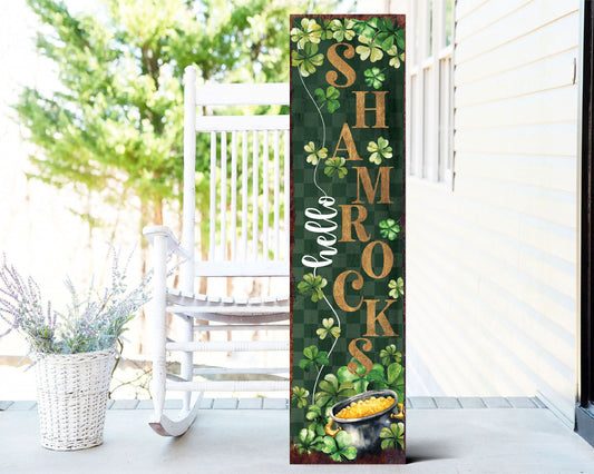 Hello Shamrocks St. Patrick’s Day Porch Sign Entryway Decor | UV Print | Front Porch Plaque | Seasonal Home Decor | 3 Sizes