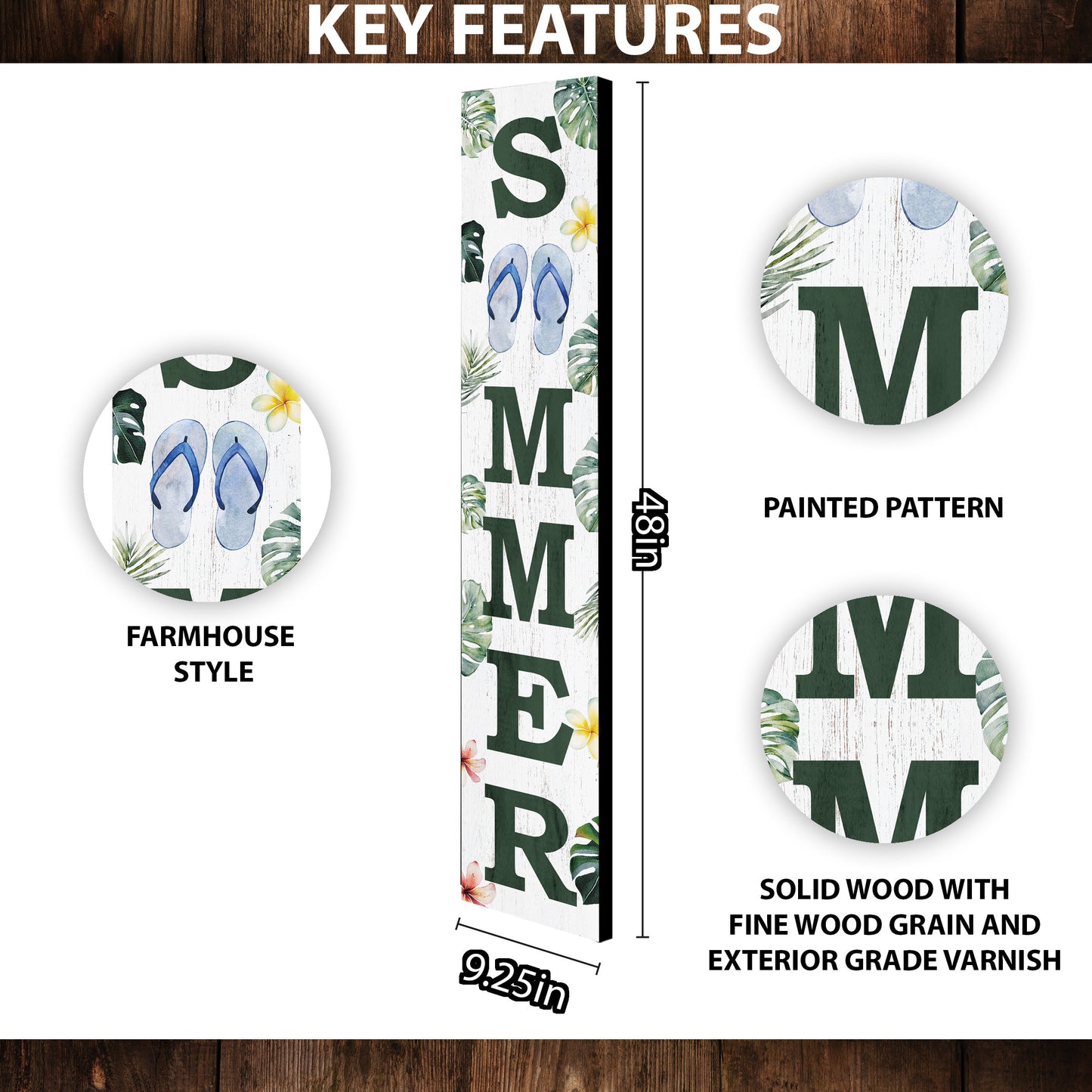 48in Tropical Summer Porch Sign with Palm Leaf & Slippers Pattern for Front Door, Wooden 48-inch Beach-Themed Entryway Decor