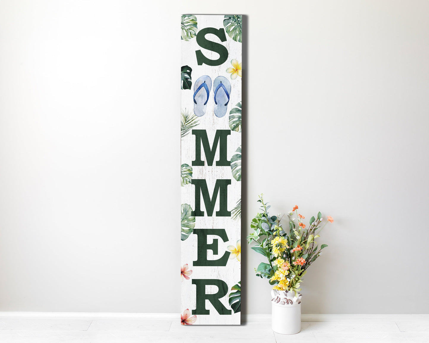 48in Tropical Summer Porch Sign with Palm Leaf & Slippers Pattern for Front Door, Wooden 48-inch Beach-Themed Entryway Decor