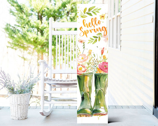 Hello Spring Porch Sign | Wooden Farmhouse Front Door Decor | Rain Boots Floral Design | Rustic Spring Entryway Sign | 3 Sizes