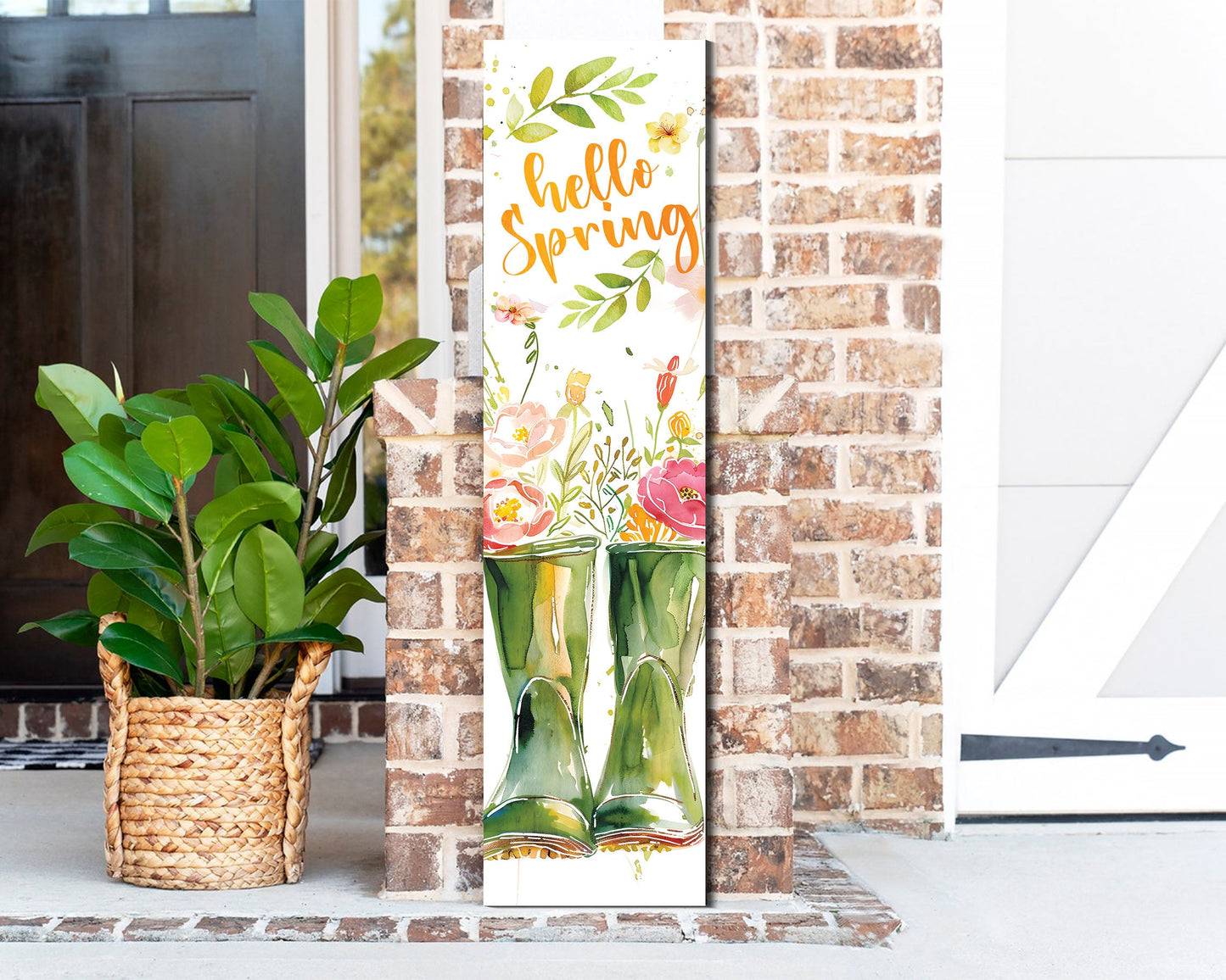 Hello Spring Porch Sign | Wooden Farmhouse Front Door Decor | Rain Boots Floral Design | Rustic Spring Entryway Sign | 3 Sizes