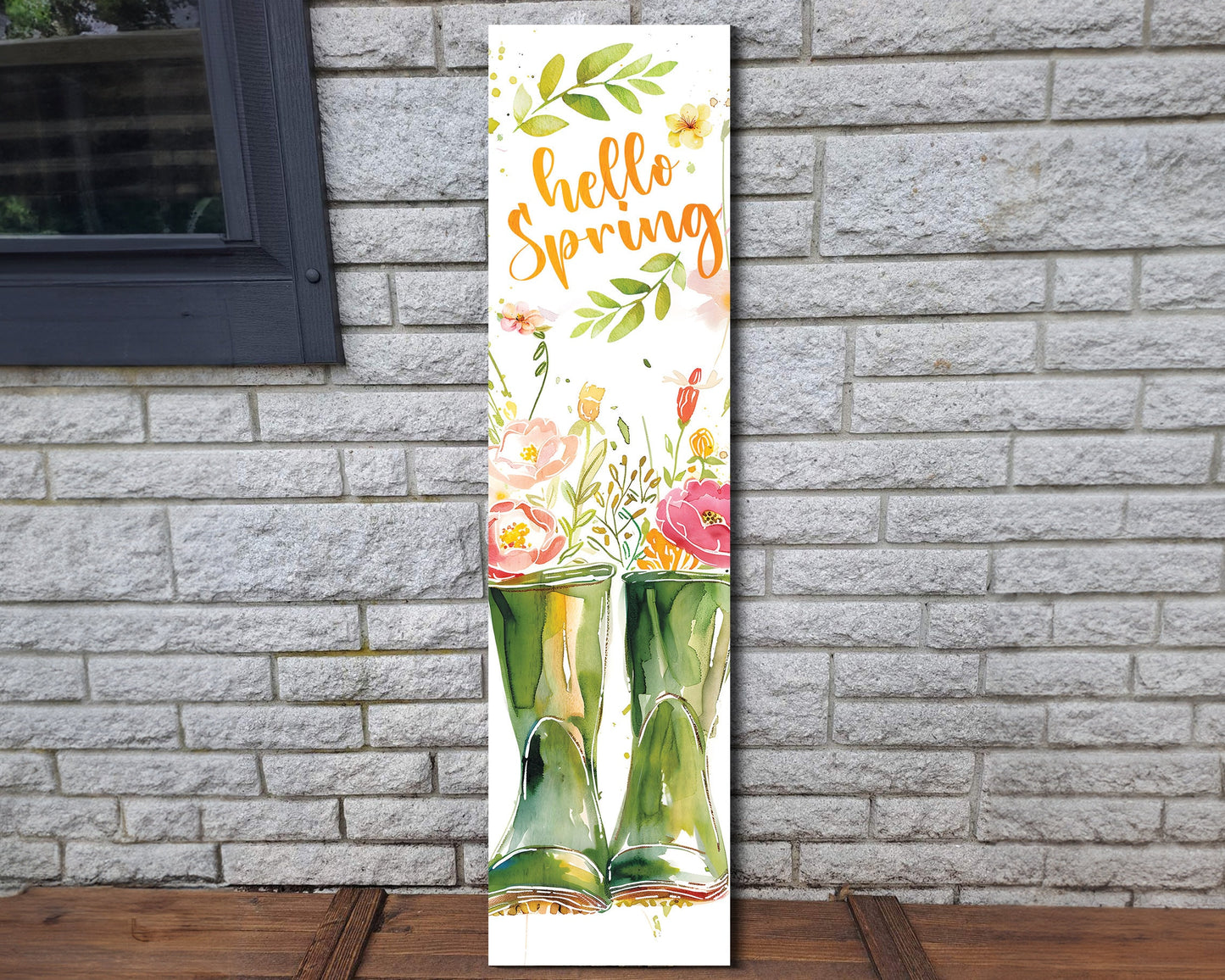 Hello Spring Porch Sign | Wooden Farmhouse Front Door Decor | Rain Boots Floral Design | Rustic Spring Entryway Sign | 3 Sizes