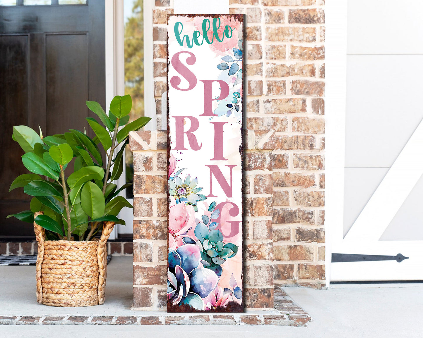 36-Inch Spring 'Hello Spring' Wooden Porch Sign With Succulent Design | Front Door Decor, Rustic Farmhouse Outdoor Entryway Decor