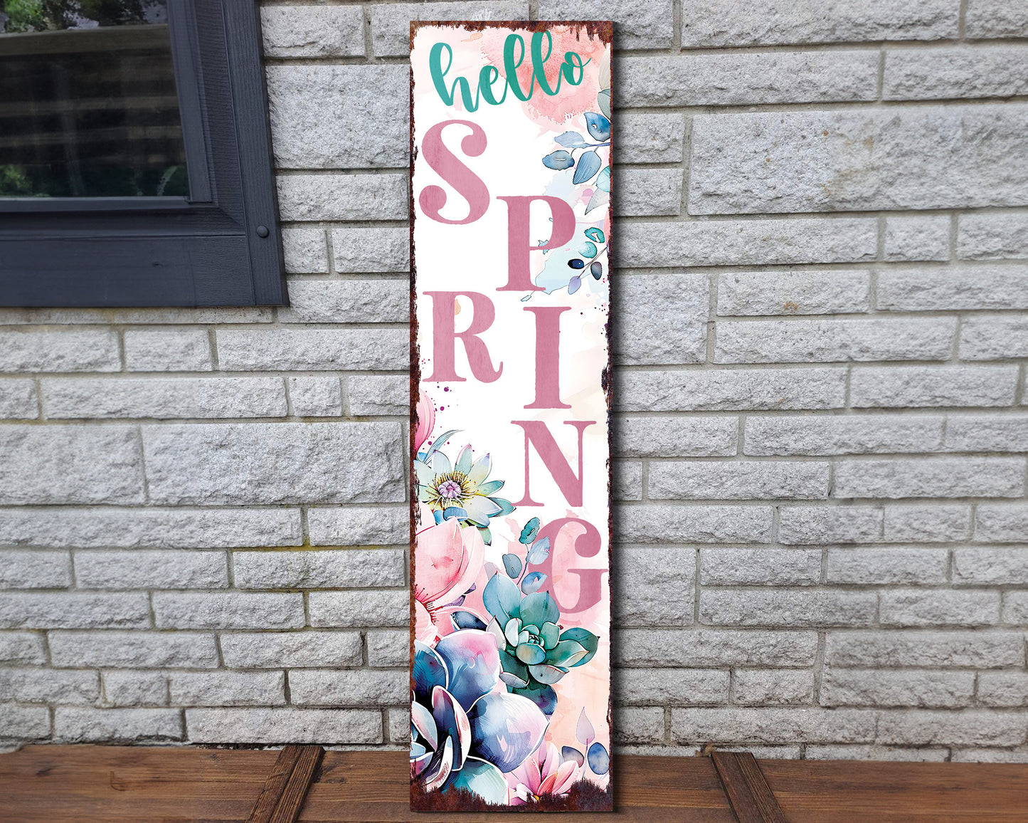36-Inch Spring 'Hello Spring' Wooden Porch Sign With Succulent Design | Front Door Decor, Rustic Farmhouse Outdoor Entryway Decor