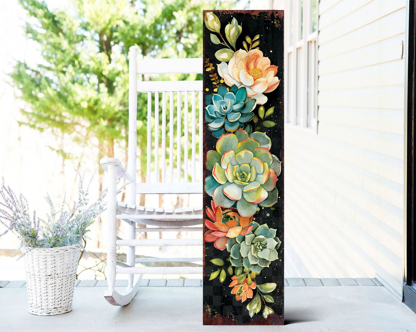36in Spring Porch Sign with Succulent Design | Front Door Porch Decor, Rustic Farmhouse Outdoor Entryway Display Board
