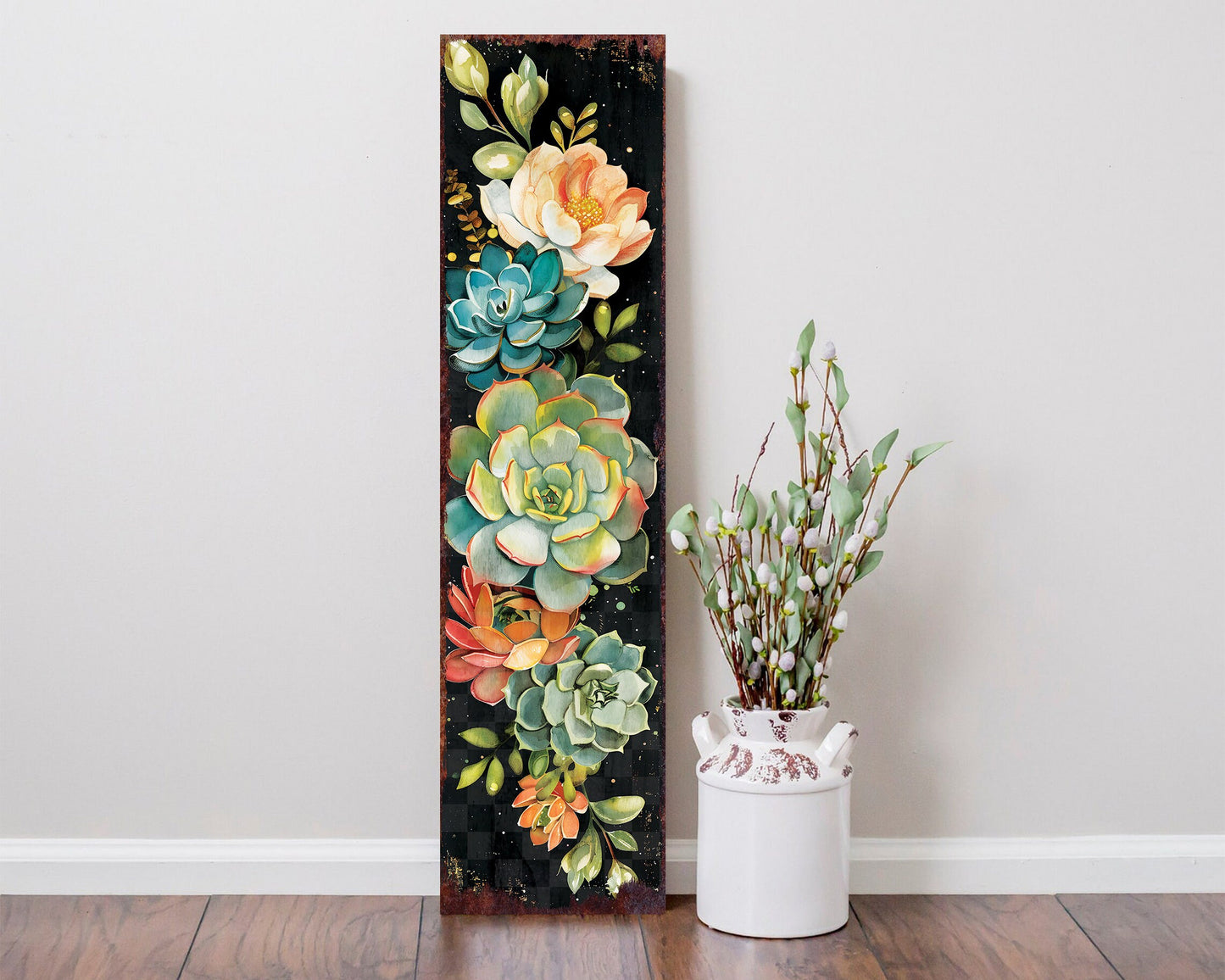 36in Spring Porch Sign with Succulent Design | Front Door Porch Decor, Rustic Farmhouse Outdoor Entryway Display Board