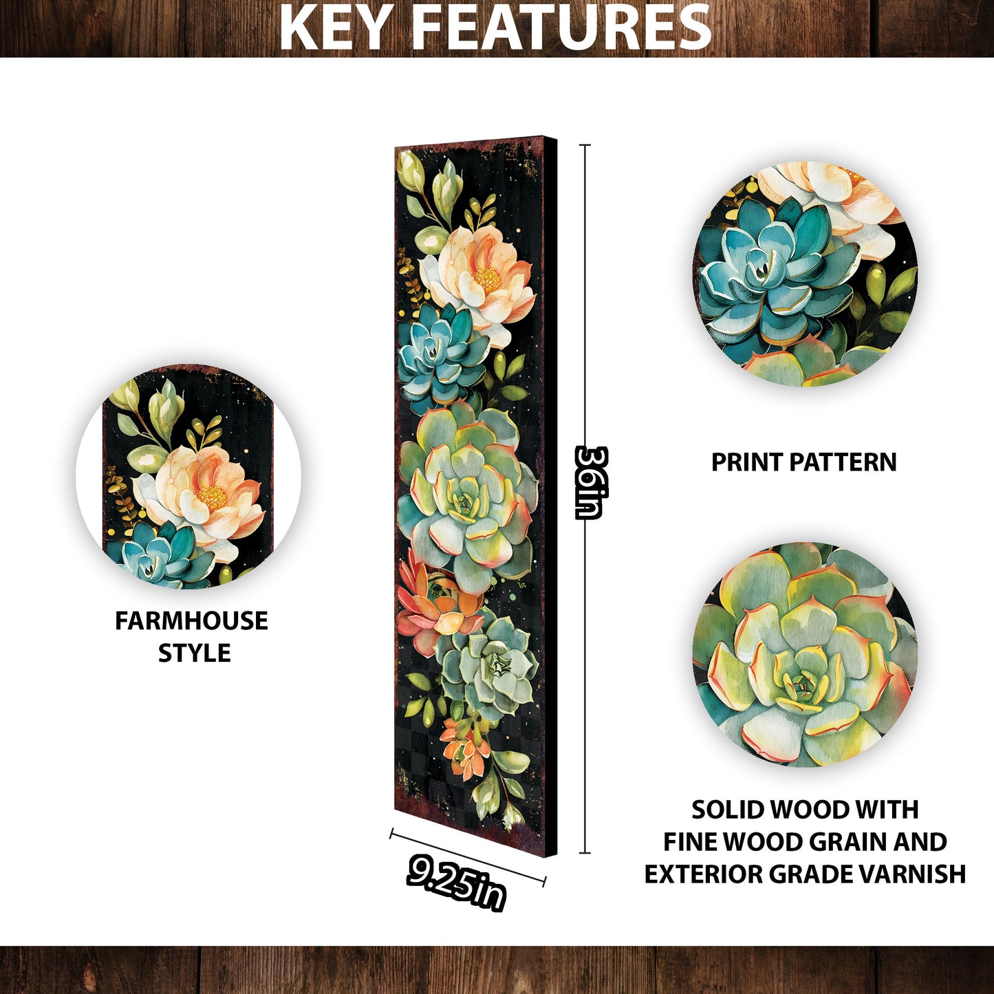 36in Spring Porch Sign with Succulent Design | Front Door Porch Decor, Rustic Farmhouse Outdoor Entryway Display Board