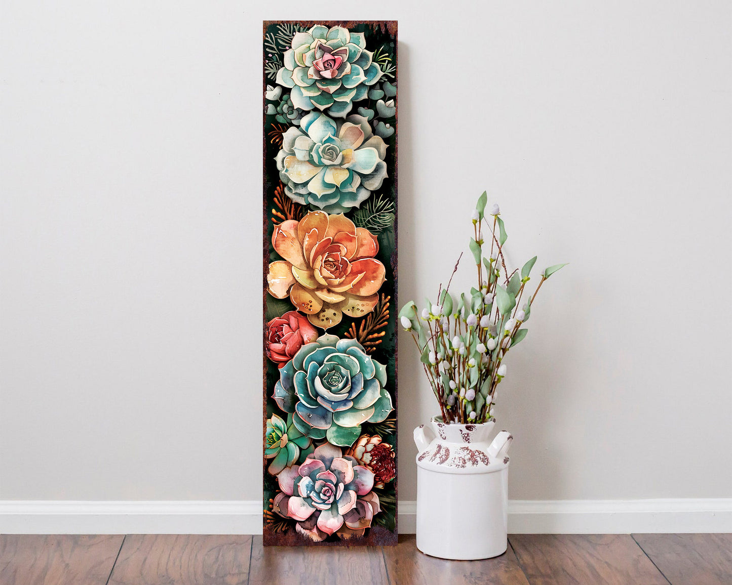 36InSpring Porch Sign with Succulent Design , Front Door Porch Decor, Rustic Farmhouse Outdoor Entryway Display Board
