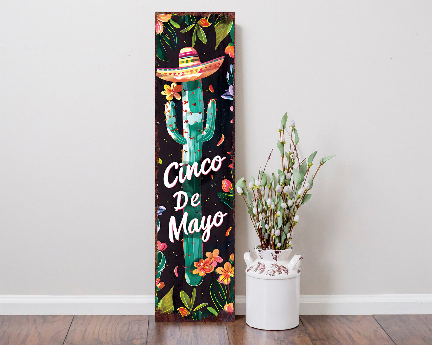 36in Cinco De Mayo Wooden Porch Sign | UV Print | Front Door Decor | Rustic Farmhouse Outdoor Entryway | Mexican Holiday Decor