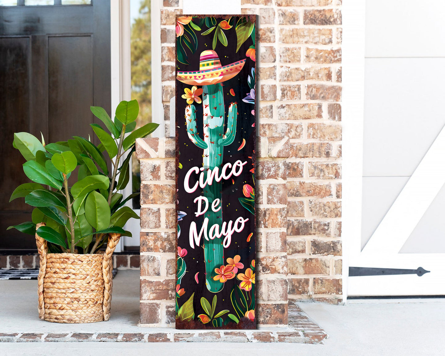 36in Cinco De Mayo Wooden Porch Sign | UV Print | Front Door Decor | Rustic Farmhouse Outdoor Entryway | Mexican Holiday Decor