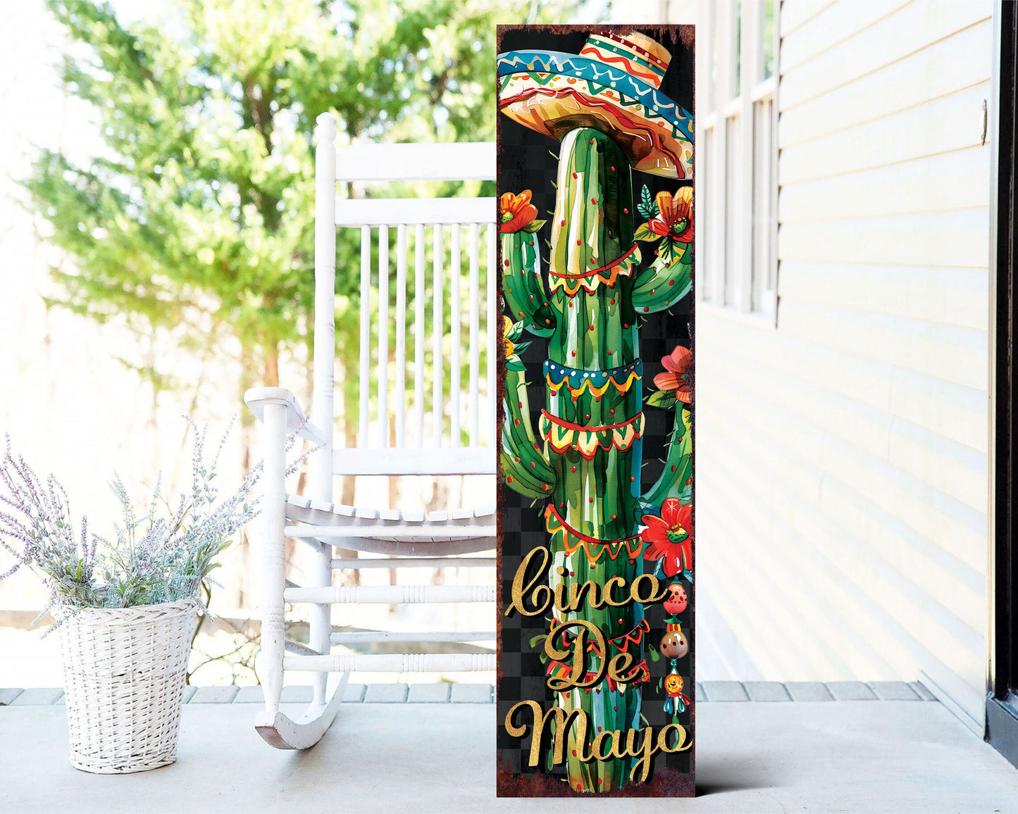 36in Cinco De Mayo Wooden Porch Sign | Front Door Decor, Mexican Holiday Rustic Farmhouse Outdoor Entryway Porch Decor