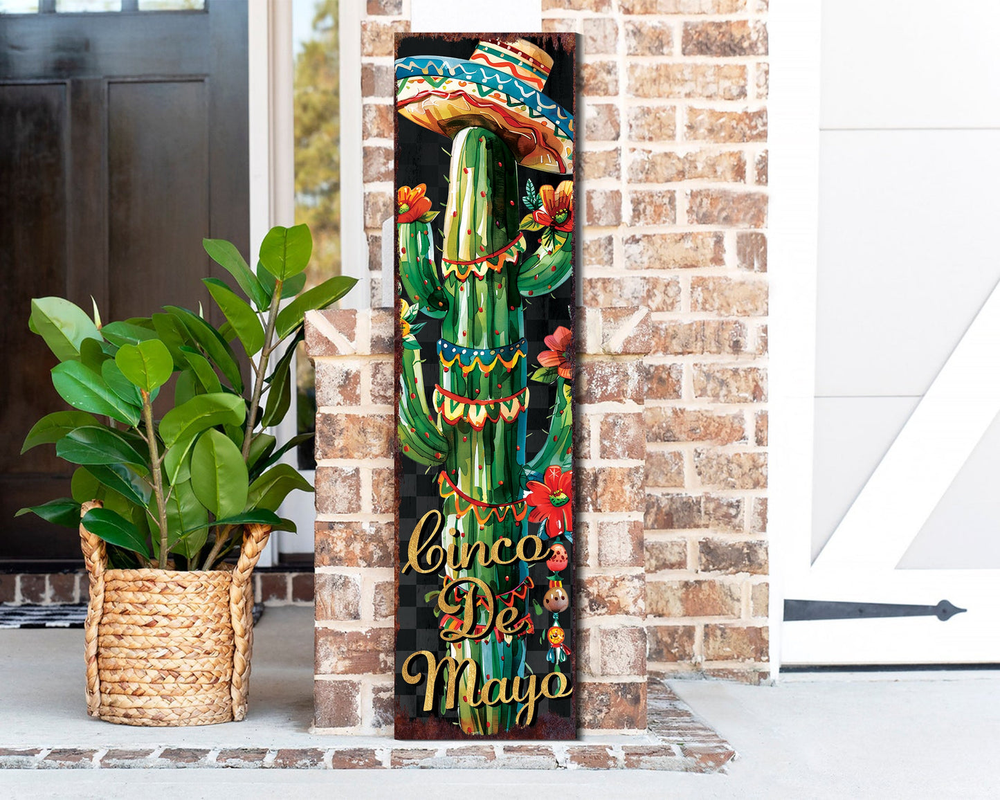 36in Cinco De Mayo Wooden Porch Sign | Front Door Decor, Mexican Holiday Rustic Farmhouse Outdoor Entryway Porch Decor