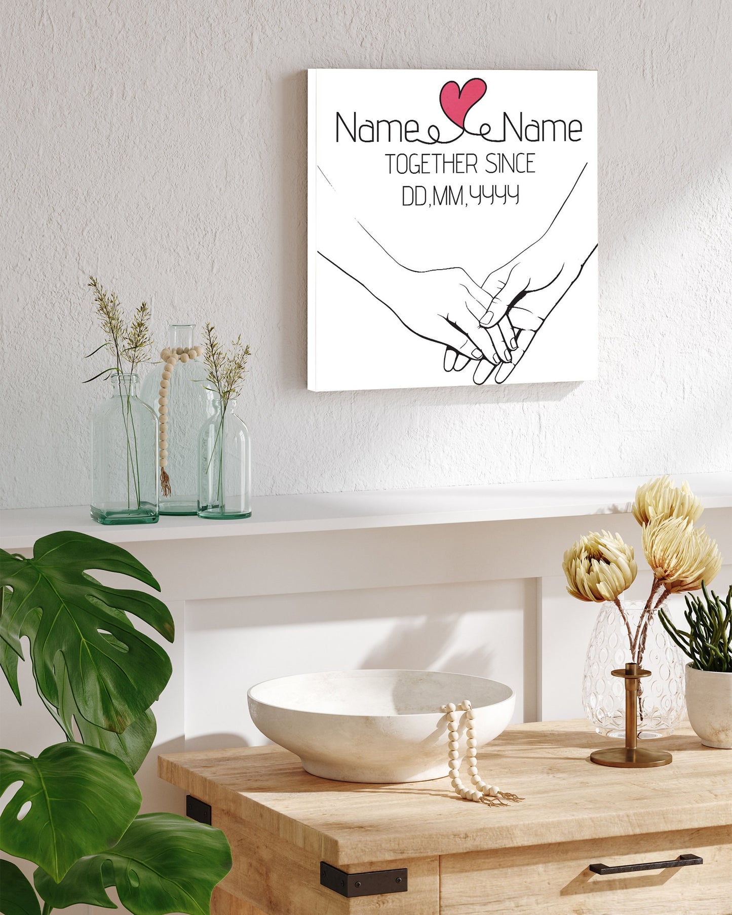 12in Valentine's Day Gift | Personalized Minimalist Line Drawing Holding Hands | Gift for Her, Him