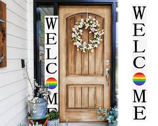 72in Outdoor Rainbow Modern Farmhouse Welcome Sign | Pride Day Decor for Front Door and Porch | White