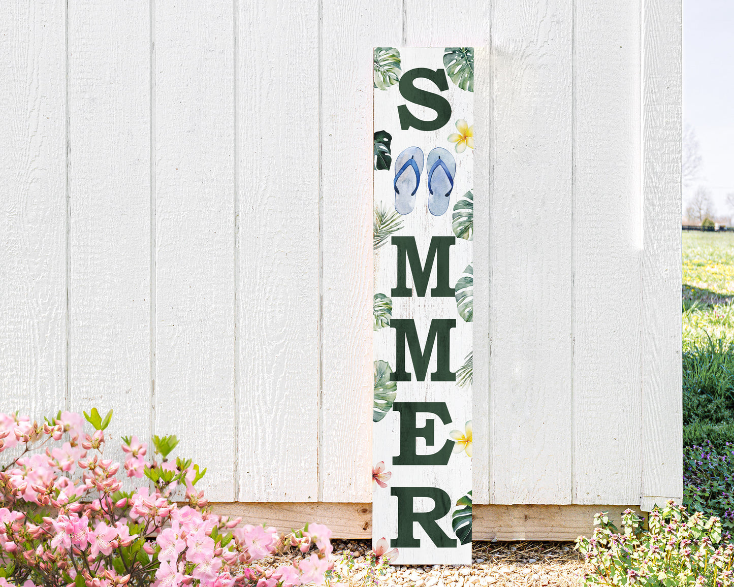 48in Tropical Summer Porch Sign with Palm Leaf & Slippers Pattern for Front Door, Wooden 48-inch Beach-Themed Entryway Decor