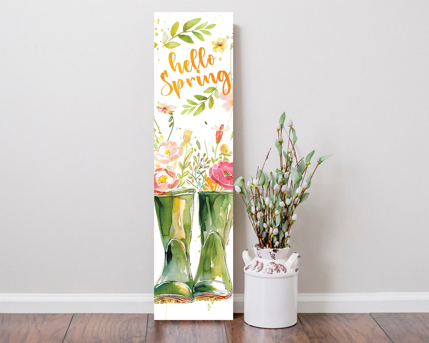 Hello Spring Porch Sign | Wooden Farmhouse Front Door Decor | Rain Boots Floral Design | Rustic Spring Entryway Sign | 3 Sizes