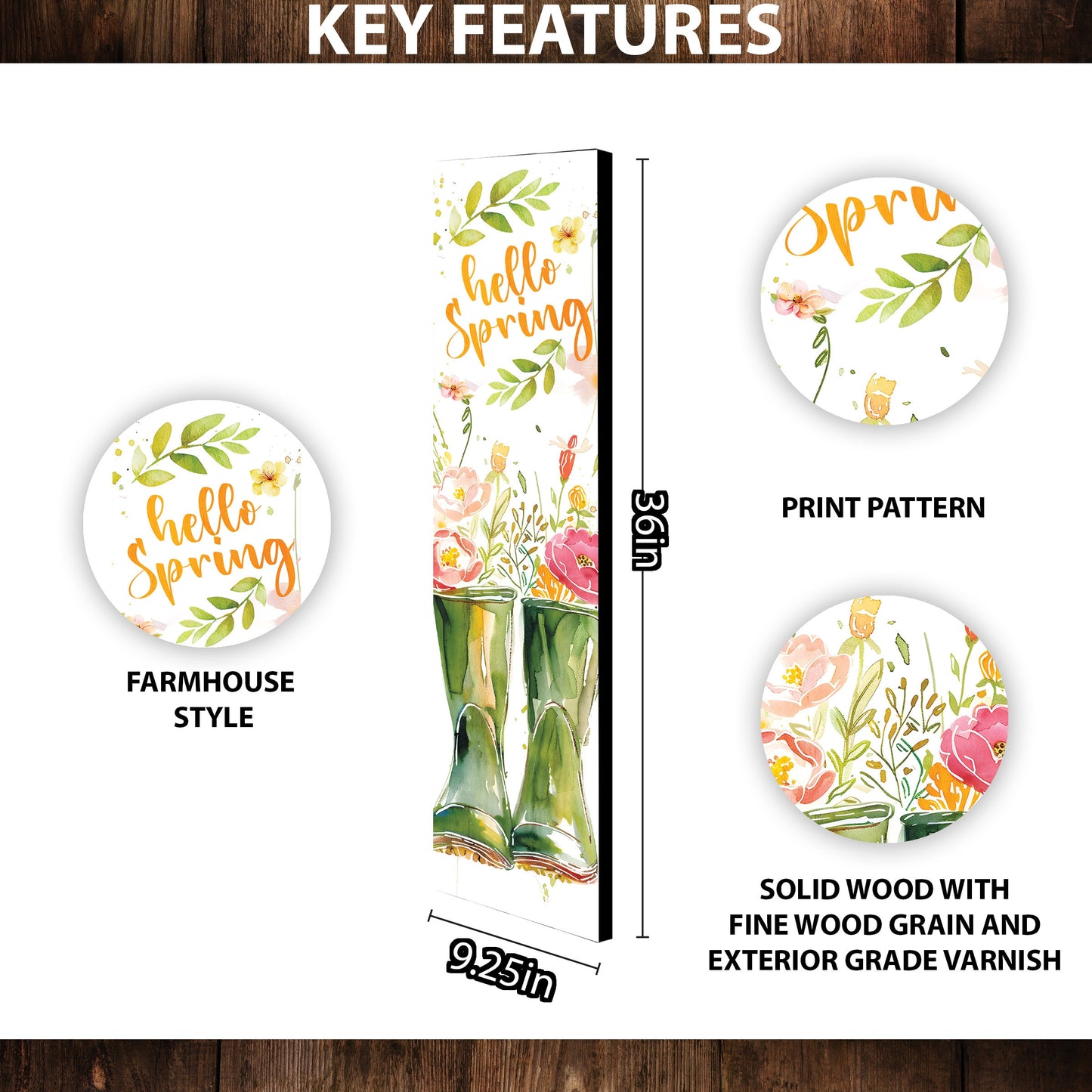 Hello Spring Porch Sign | Wooden Farmhouse Front Door Decor | Rain Boots Floral Design | Rustic Spring Entryway Sign | 3 Sizes