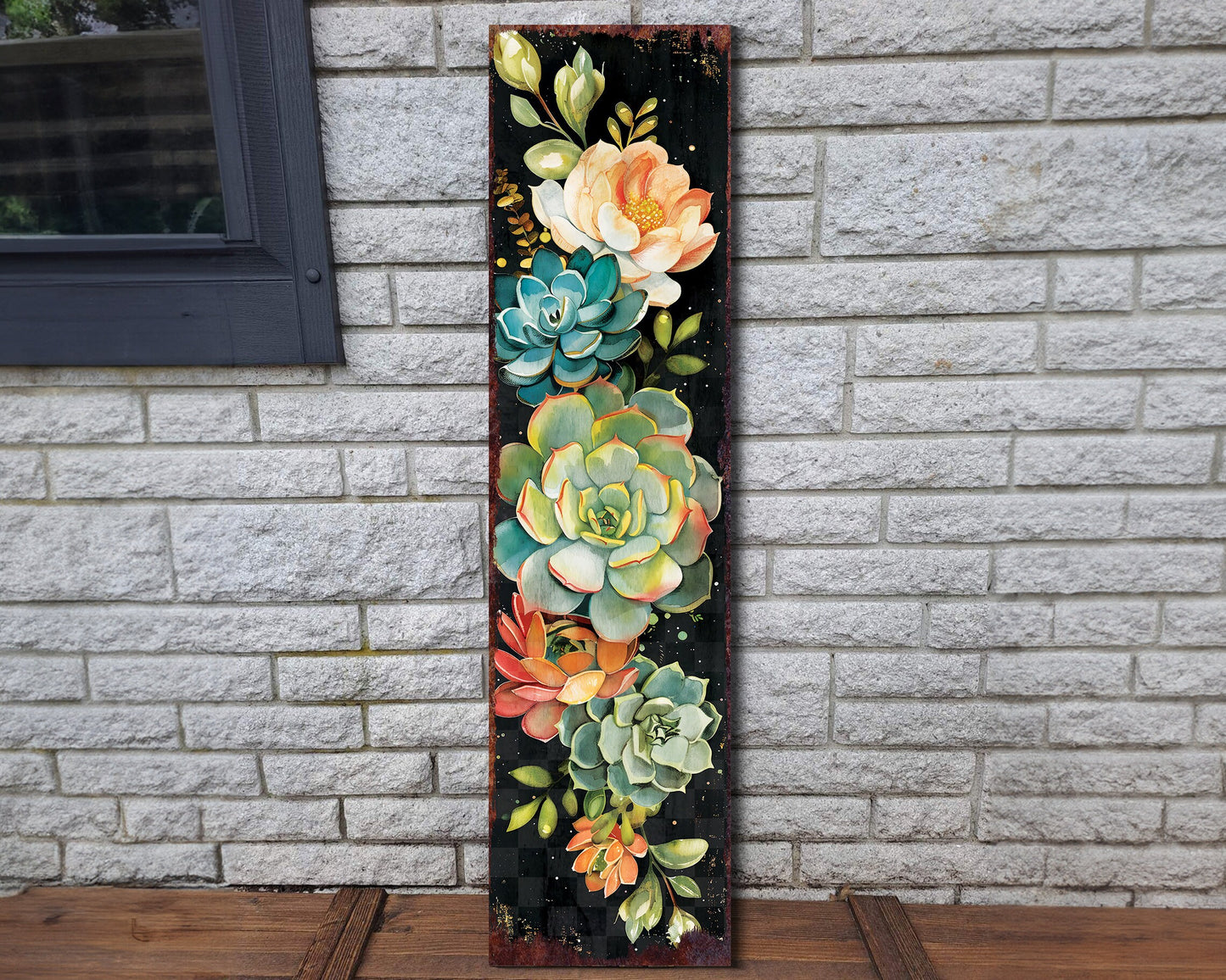 36in Spring Porch Sign with Succulent Design | Front Door Porch Decor, Rustic Farmhouse Outdoor Entryway Display Board