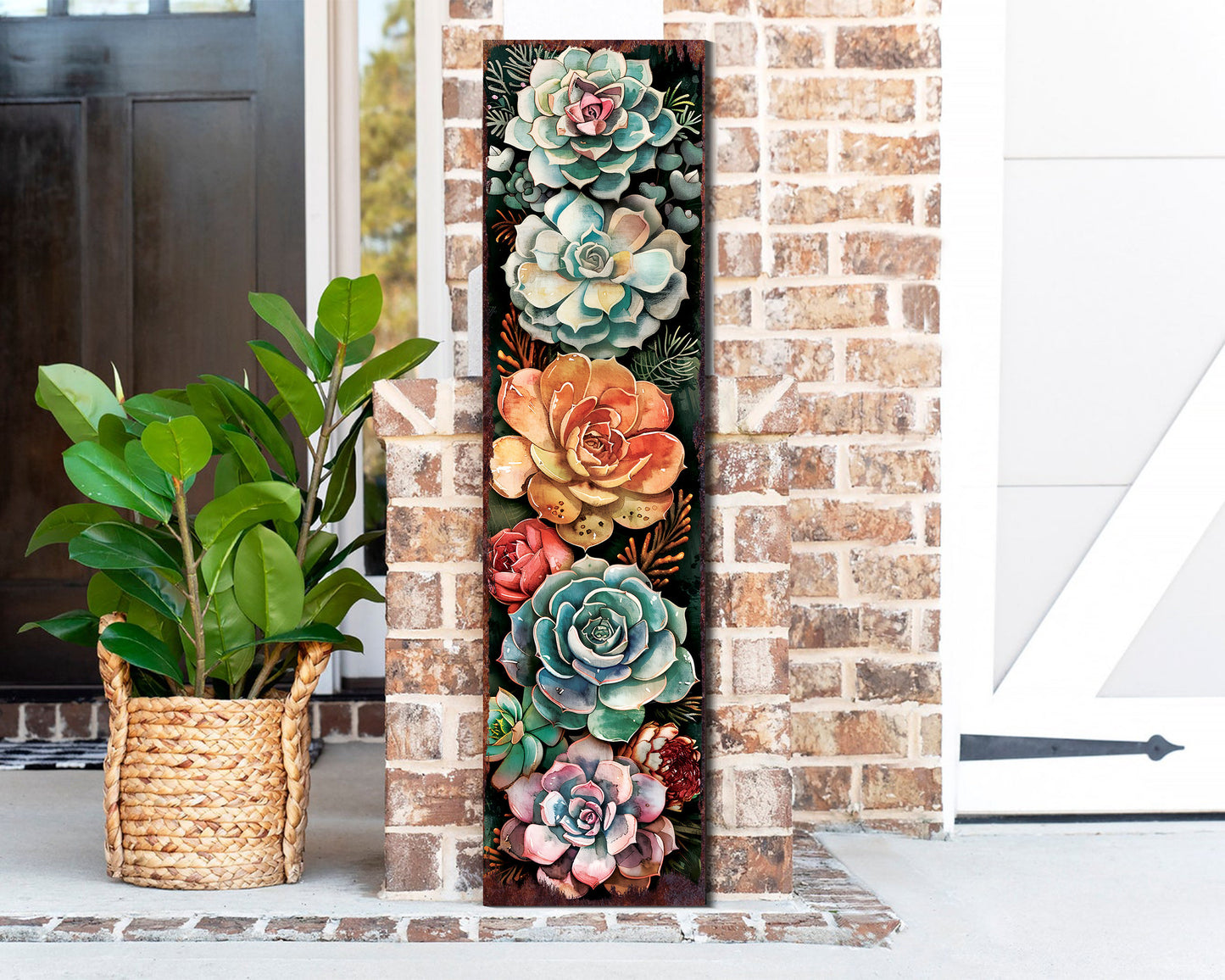 36InSpring Porch Sign with Succulent Design , Front Door Porch Decor, Rustic Farmhouse Outdoor Entryway Display Board
