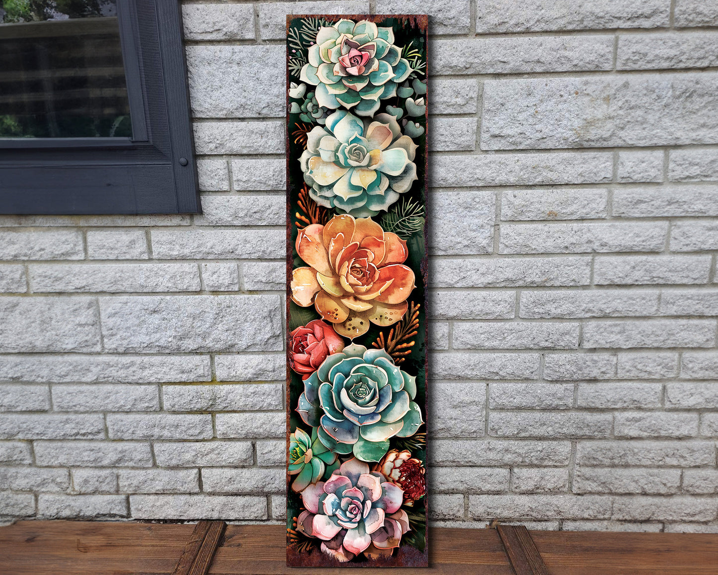 36InSpring Porch Sign with Succulent Design , Front Door Porch Decor, Rustic Farmhouse Outdoor Entryway Display Board