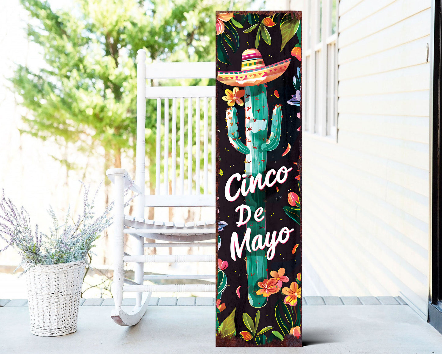 36in Cinco De Mayo Wooden Porch Sign | UV Print | Front Door Decor | Rustic Farmhouse Outdoor Entryway | Mexican Holiday Decor