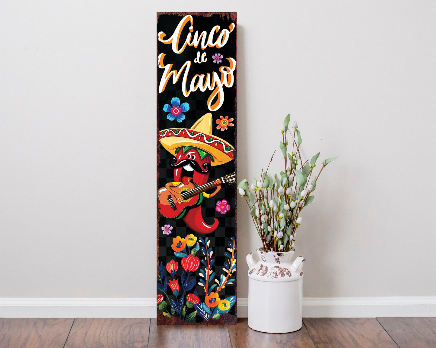 36-Inch Cinco De Mayo Wooden Porch Sign | Front Door Decor, Mexican Holiday Rustic Farmhouse Outdoor Entryway Porch Decor