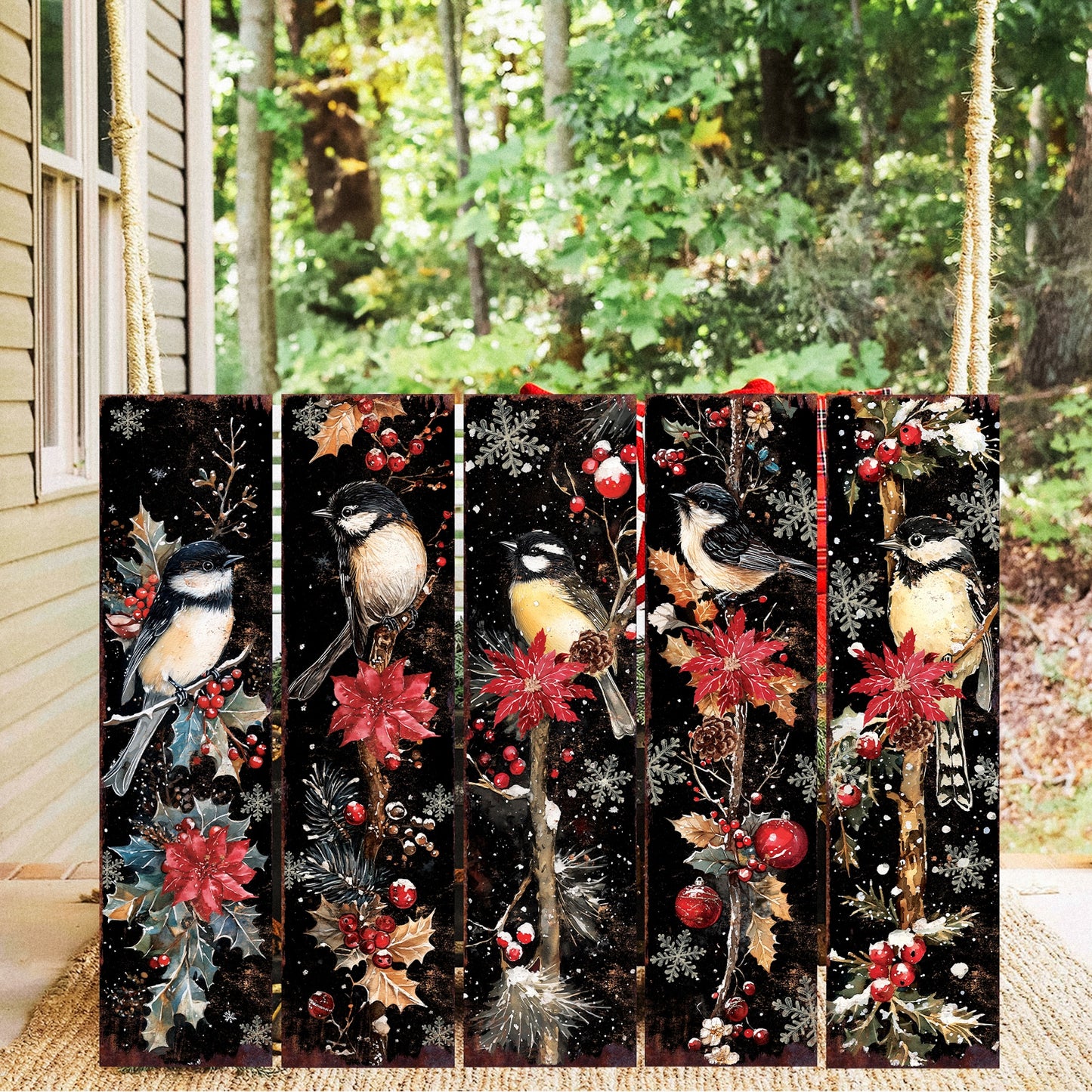 36in Christmas Chickadee Porch Sign - Holiday Entryway Decor, Christmas Front Door Board, Outdoor Porch Decor | 5 Patterns, Wood, UV Print