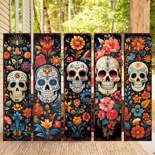 36in Dia De Los Muertos Sugar Skull Porch Sign - Front Porch Day of the Dead Sign, Rustic Modern Farmhouse Entryway Decor