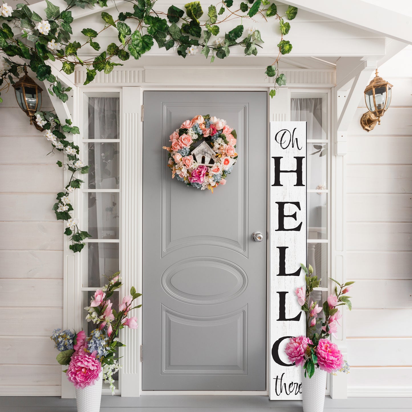 72in 'Oh Hello There' Welcome Porch Sign in White - Ideal Housewarming Gift for Families and Guests, Perfect Everyday Porch Decor