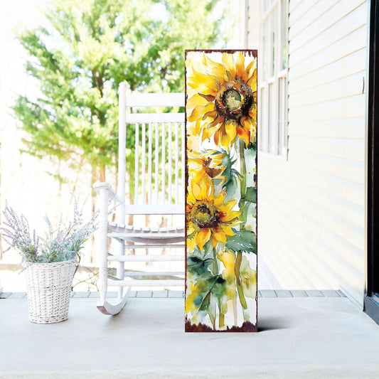 Summer Sunflower Porch Sign – Watercolor UV Print, 36–72in Rustic Farmhouse Vertical Wood Board for Door, Patio or Garden Decor