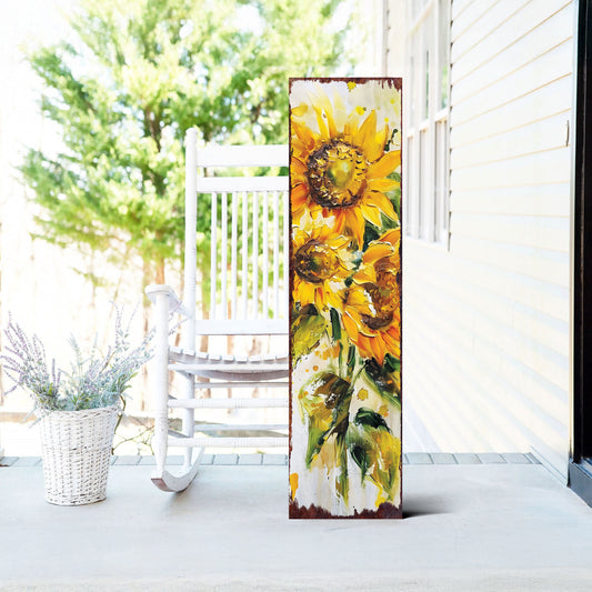 Summer Oil Sunflower Wooden Porch Sign | Rustic Farmhouse Decor for Door, Wall, Outdoor Entryway Decorative | UV Print | Multi Sizes
