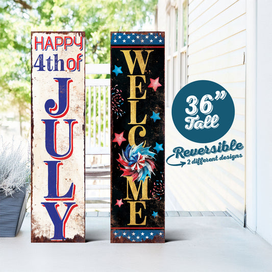 36in 4th of July Porch Sign - Rustic Farmhouse Decor - UV Protected, Reversible - Ideal for Door, Wall, Outdoor Entrywayï¼ Fireplace