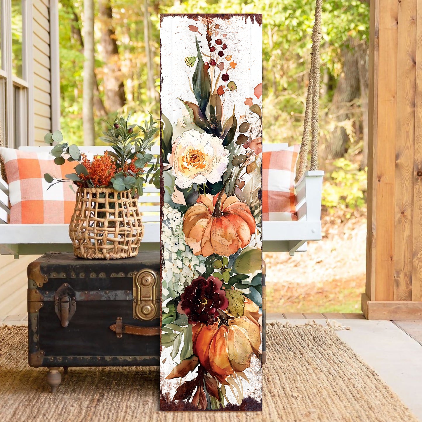 Fall Pumpkin Porch Sign - Front Porch Fall Sign with Vintage Autumn Decoration, Rustic Modern Farmhouse Entryway Porch Decor