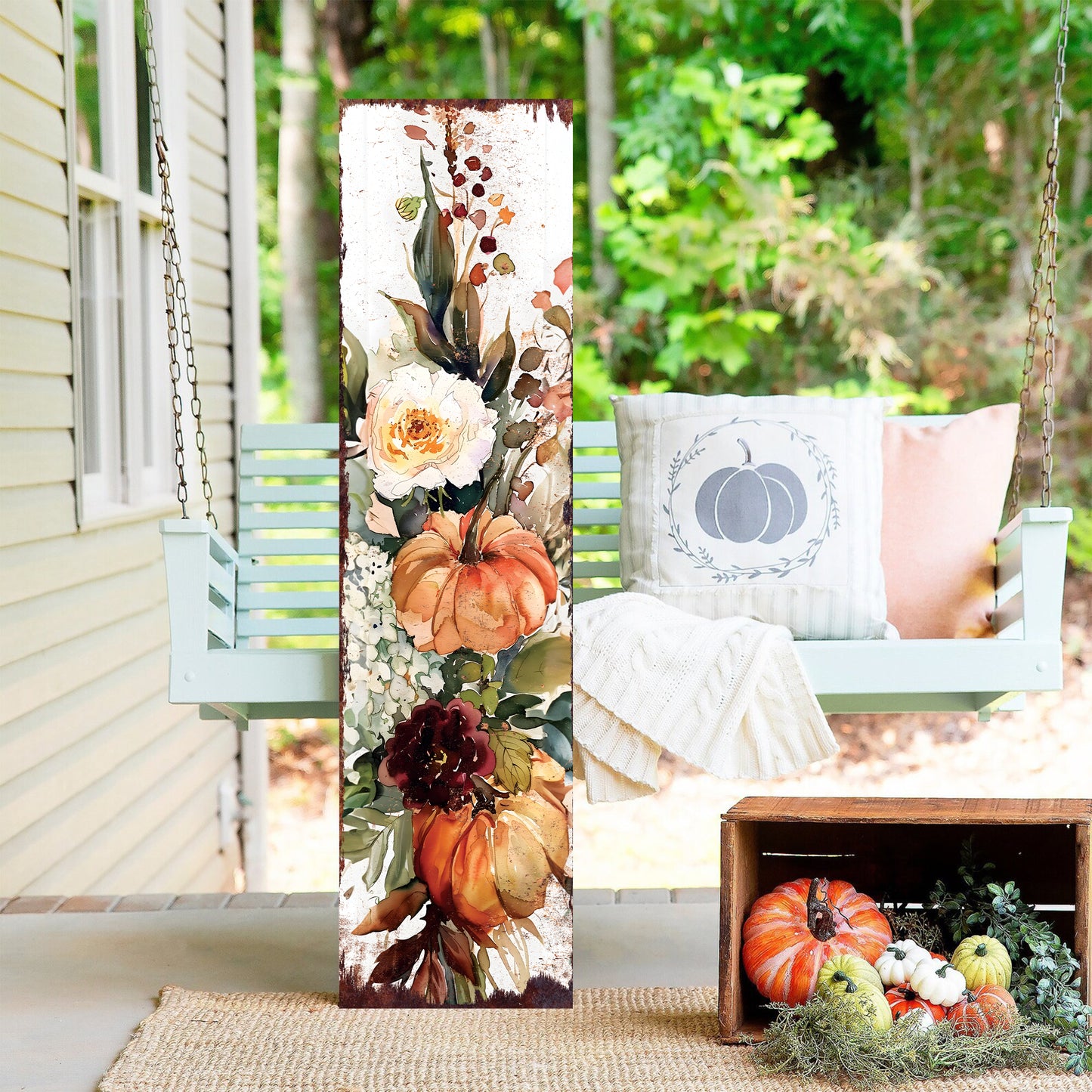 Fall Pumpkin Porch Sign - Front Porch Fall Sign with Vintage Autumn Decoration, Rustic Modern Farmhouse Entryway Porch Decor