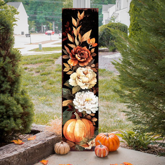 Fall Porch Sign – Rustic Autumn Front Porch Plaque with Pumpkins and Flowers | Vintage Fall Entryway and Patio Decor