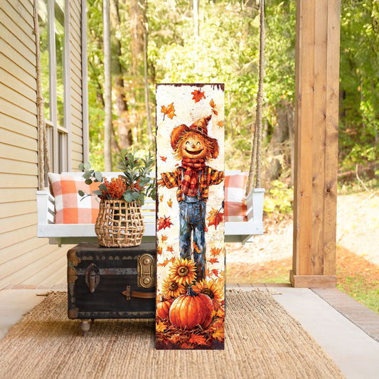 Fall Scarecrow Porch Sign – Rustic Autumn Front Porch Sign with Pumpkins & Sunflowers | Farmhouse Harvest Decoration for Outdoor Indoor Entryway