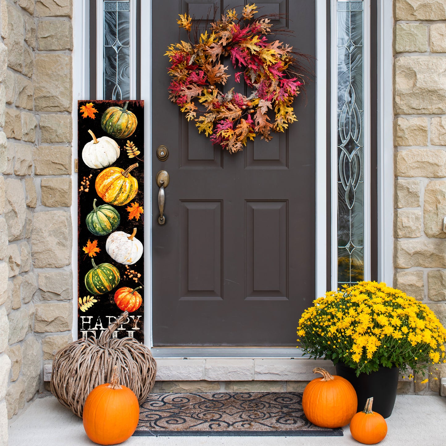Happy Fall Porch Sign with Pumpkins Pattern | Front Porch Fall Plaque | Autumn Decoration | Entryway Harvest Decor