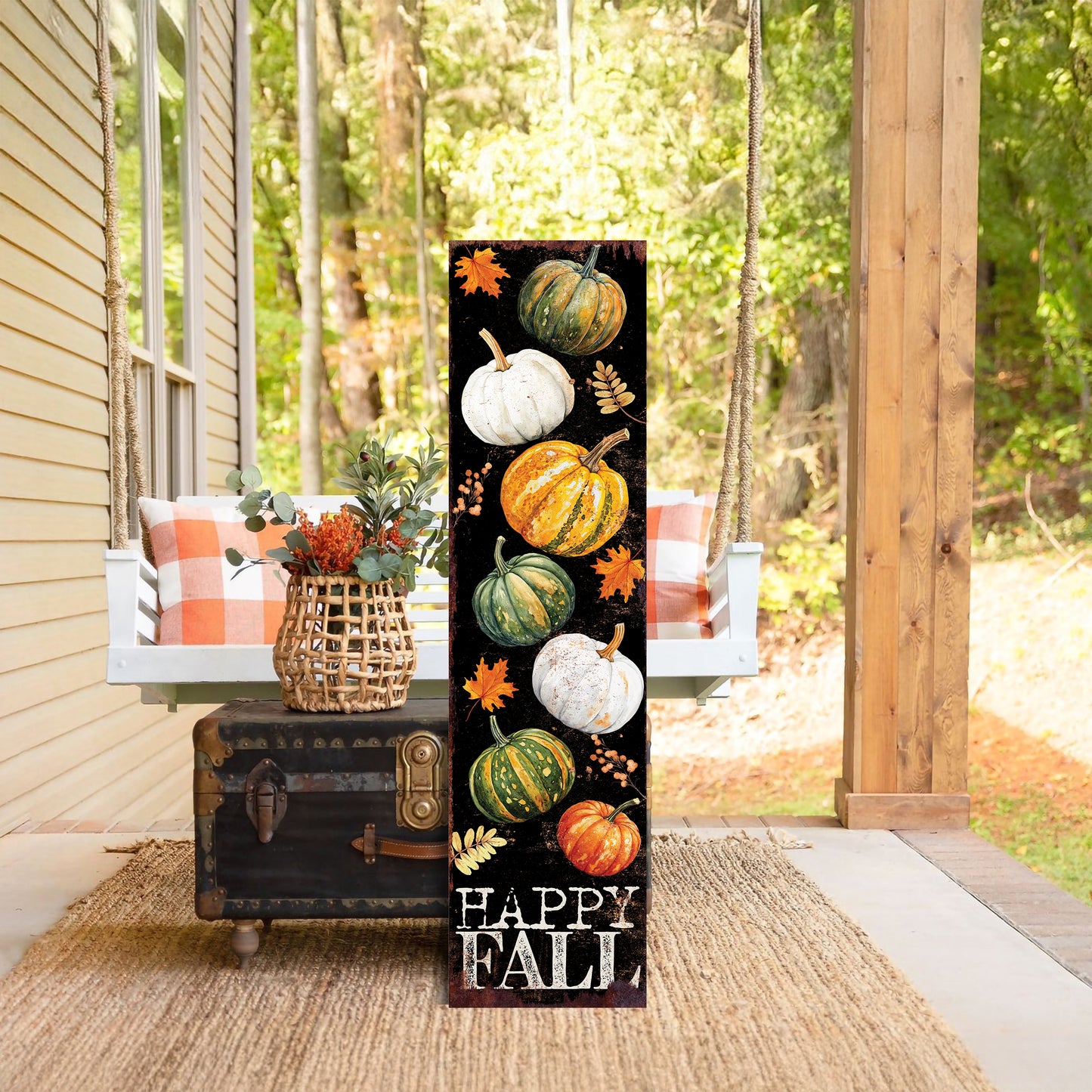 Happy Fall Porch Sign with Pumpkins Pattern | Front Porch Fall Plaque | Autumn Decoration | Entryway Harvest Decor