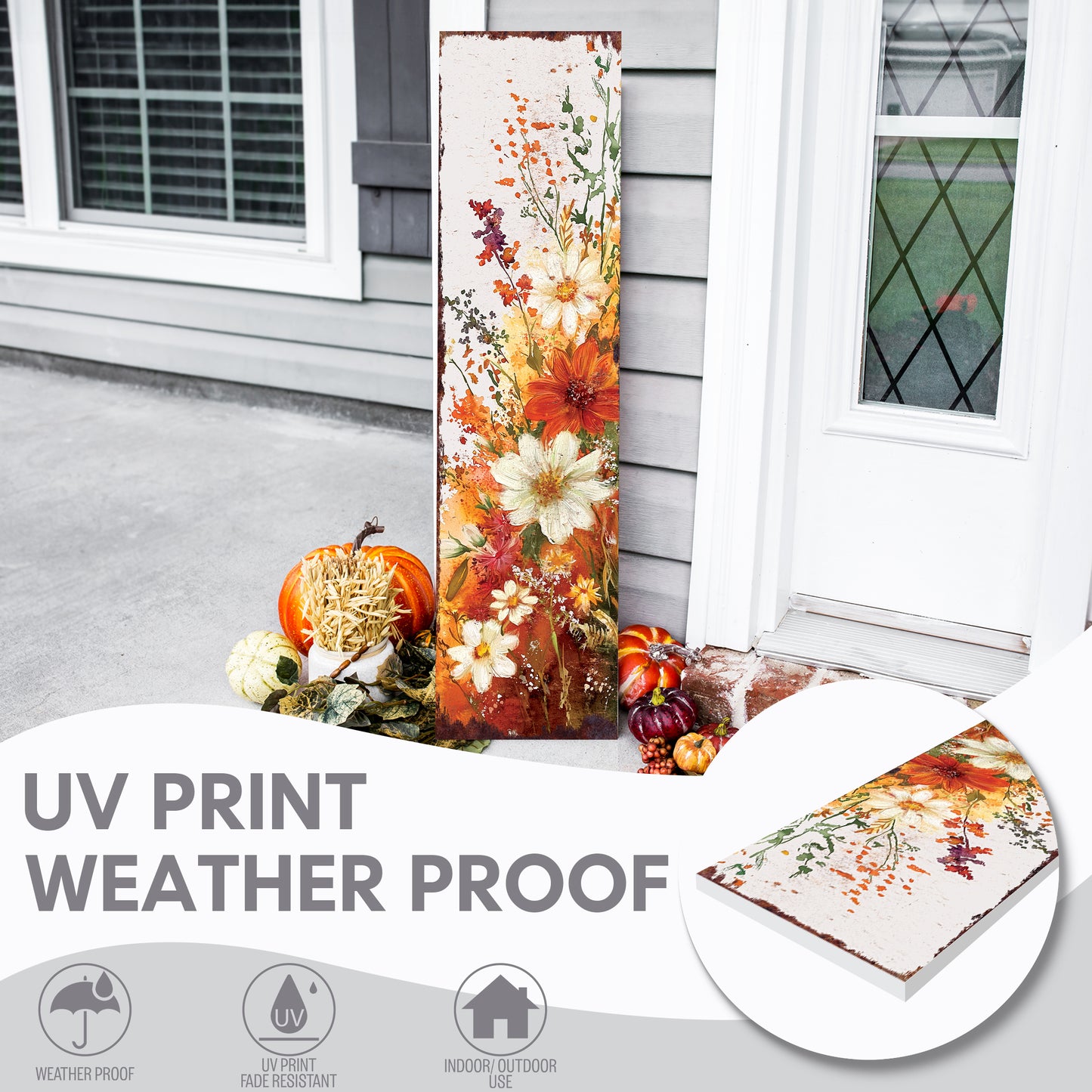 Fall Wildflower Porch Sign - Fall Front Porch Plaque with Harvest Decoration | Entryway Autumn Decor | Wood, UV Print