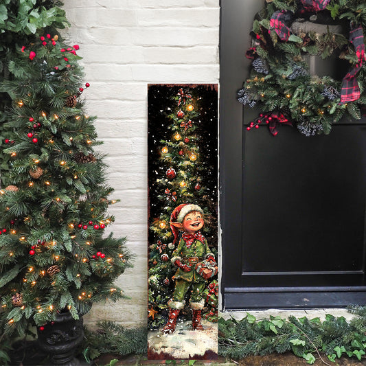 Merry Christmas Elf Porch Sign | Outdoor Holiday Welcome Decor