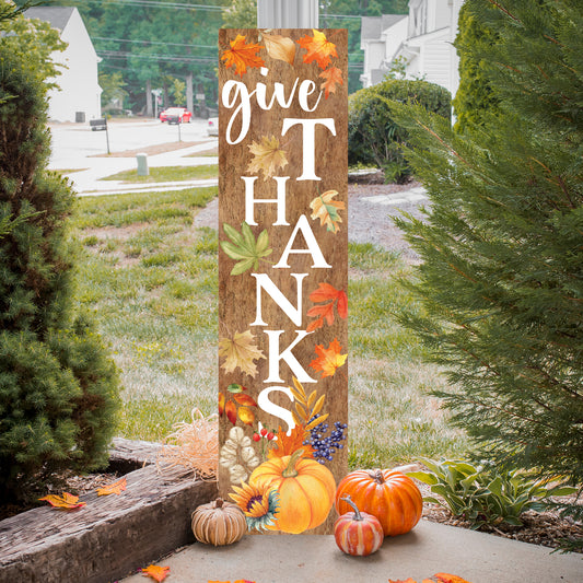 Give Thanks Fall Porch Sign - Front Porch Harvest Welcome Sign with Vintage Autumn Decoration, Rustic Thanksgiving Decor for Outdoor
