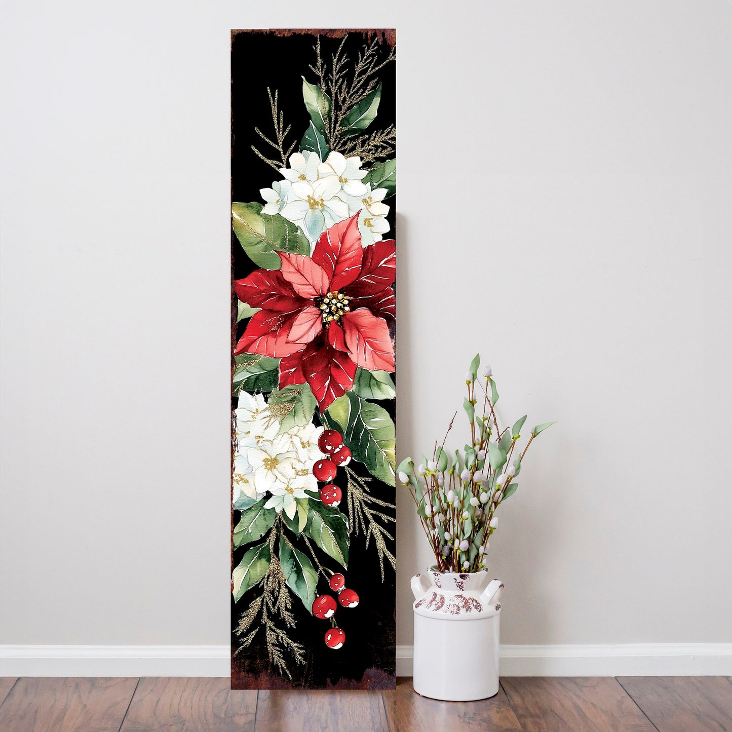 48-inch Christmas Poinsettias Porch Sign - Holiday Front Porch Plaque | Christmas Decoration | Christmas Entryway Decor | Wood, 48x12in