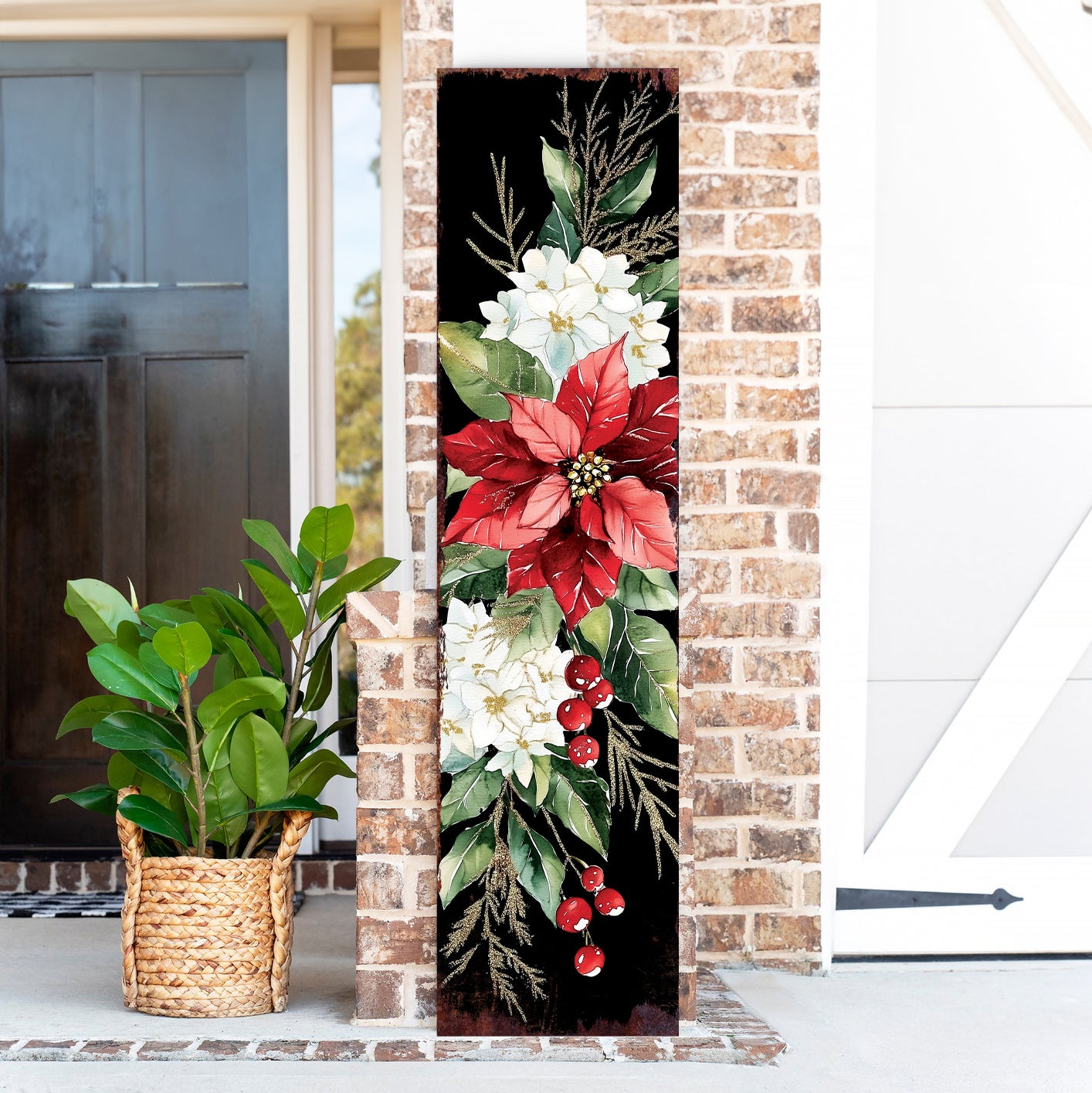 48-inch Christmas Poinsettias Porch Sign - Holiday Front Porch Plaque | Christmas Decoration | Christmas Entryway Decor | Wood, 48x12in