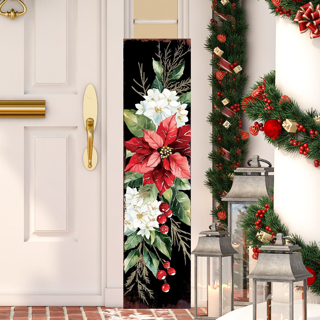 48-inch Christmas Poinsettias Porch Sign - Holiday Front Porch Plaque | Christmas Decoration | Christmas Entryway Decor | Wood, 48x12in